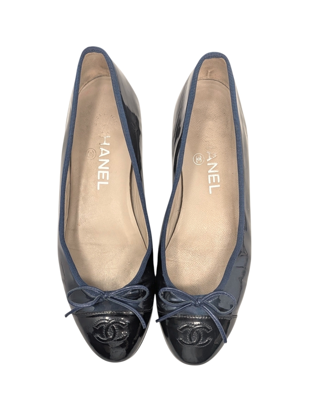 Chanel Ballet Flat Ballerina CC Logo Cap Toe Navy Blue Black Patent 37 | 6.5